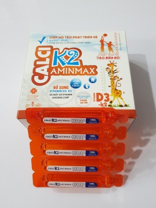 Nước Calci K2 Aminmax: Bổ sung canxi, vitamin D3 - K2 và một số vitamin khoáng chất, phòng ngừa loãng xương ở người cao tuổi.