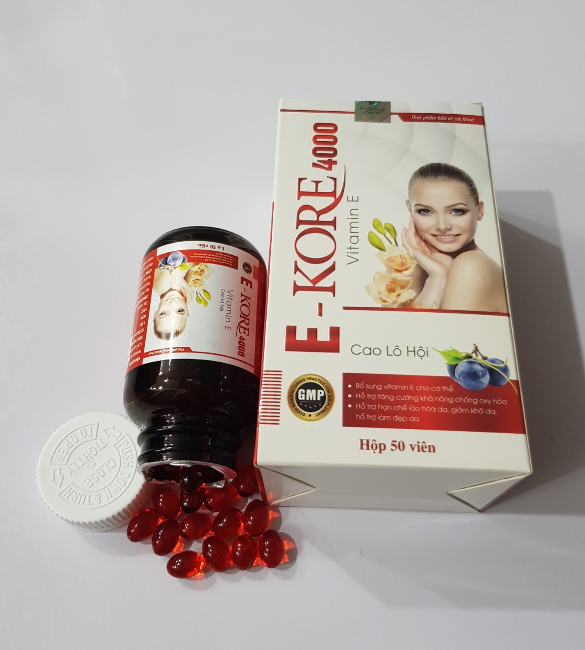 Viên Vitamin E - Kore 4000: Bổ sung vitamin E, hỗ trợ làm đẹp da,giảm khô da,hạn chế lão hoá da.